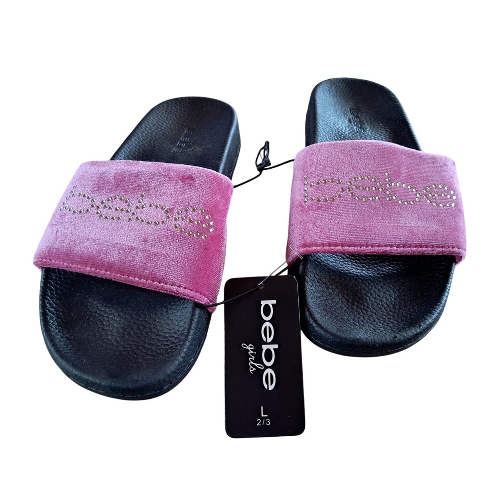 Bebe Girls Pink‎ Velvet Rhinestone Logo Slide Sandals Youth 2-3 Large NWT
